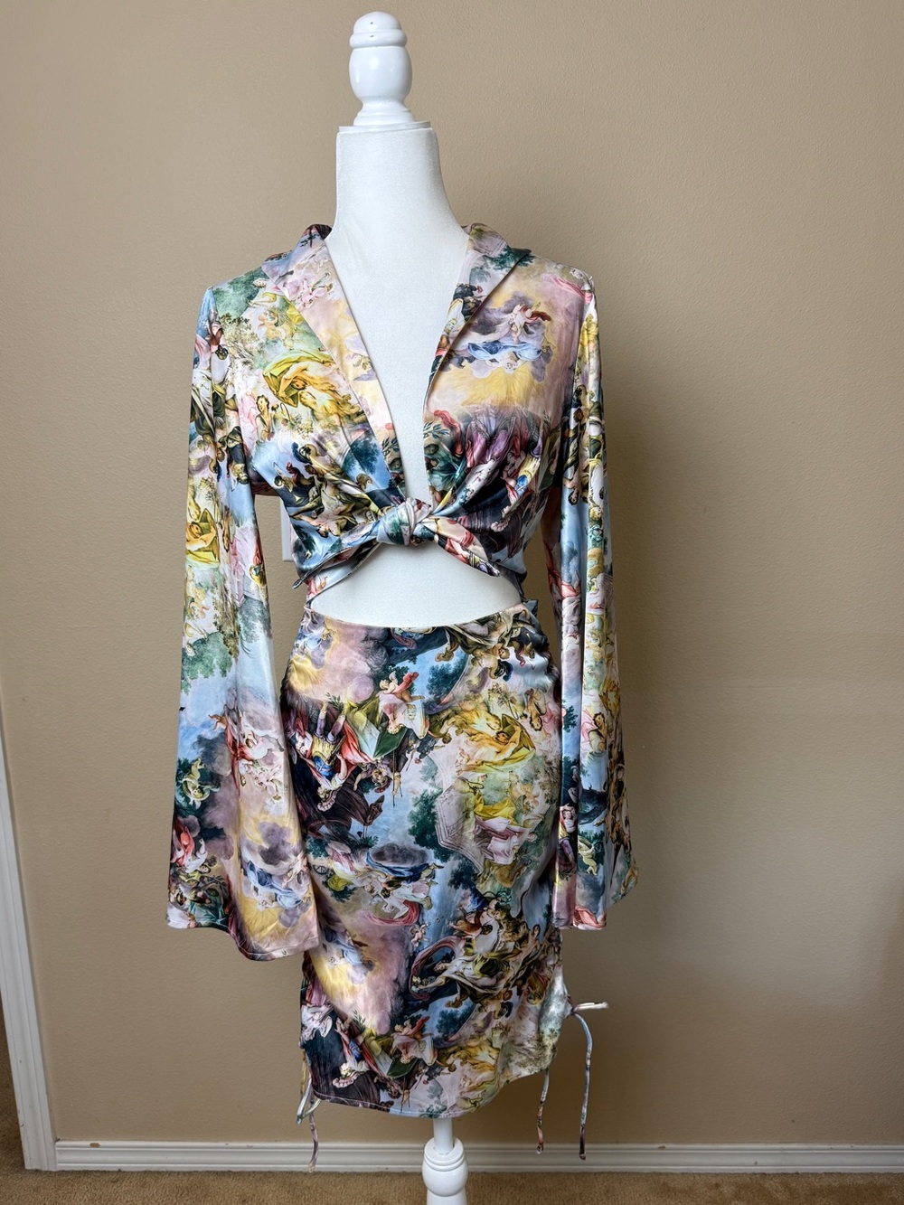 AKIRA Renaissance Angel Print Cutout Mini Dress with Bell Sleeves Size Medium